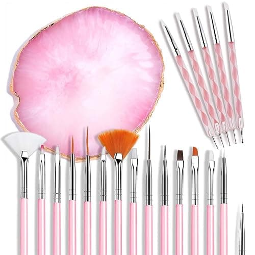 21 Pcs Nail Art Brushes Nail Art Tool Set Resin Palette Nail Art Painting Mixed Color 2 Way Acrylic Silicone Carving Pen Dotting Pen Tool Manicure Kit DIY Makeup Display Board for Home Salon, Pink - Image 1