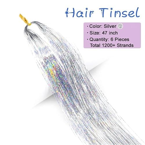 MISSUHUI Hair Tinsel Kit With Tools 48 Inch 1200 Strands Glitter Tinsel Hair Extensions Sparkling Shiny Hair Tinsel Strands Kit Heat Resistant for Women Girls 6Pcs (Silver) thumbnail 2
