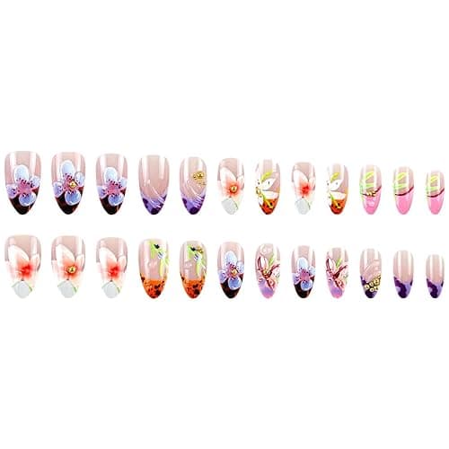 24Pcs Flower Press on Nails Medium Almond French Tip Fake Nails 3D Embossed Diamond Floral Nail Art with Romantic Almond Shape Handmade Stick on Nails French Nails for Women Manicure thumbnail 5