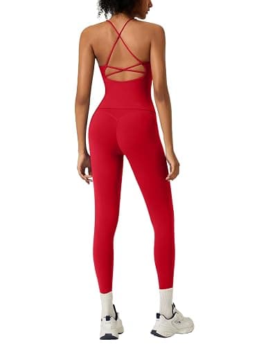 RXRXCOCO Strappy Back Workout Sets for Women 2 Piece Padded Tank Tops Hidden Scrunch Butt Lifting Leggings with Pockets - Image 1