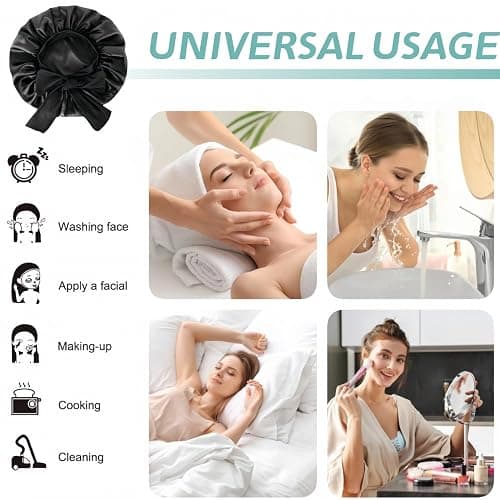 VECIIR Silk Bonnet for Sleeping Women, Ajustable Hair Bonnet for Curly Hair with Tie Band Shower Caps Black，Large thumbnail 6