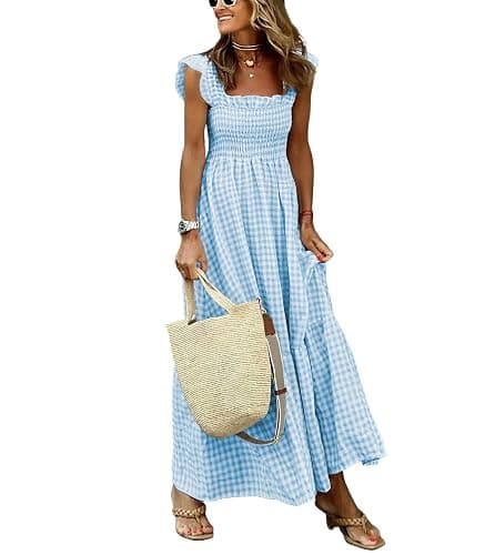 chouyatou Women's Retro Plaid Smocked Dress Spaghetti Strap Flounce Long Dress - Image 1