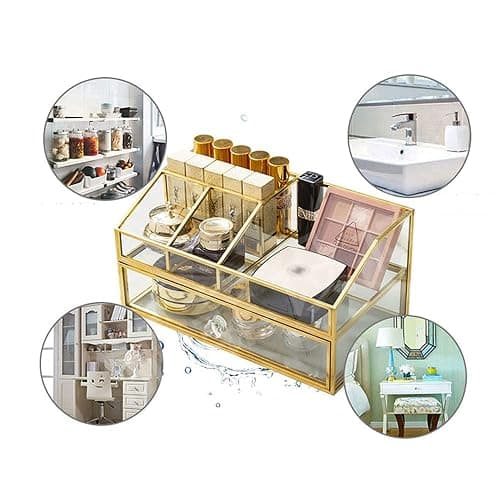 YUEHUA Glass Makeup Organizer, Clear Makeup Brush Organizer Jewelry Display Box, Gold Makeup Nail Polish Lipsticks Eyeliners Holder Organizer for Vanity Bathroom Office thumbnail 4