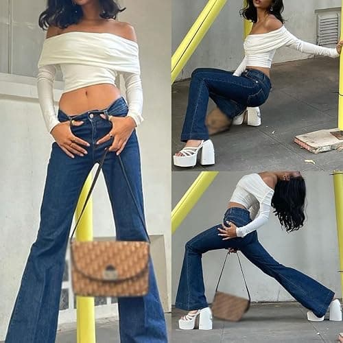 ORANDESIGNE Damen Sexy Off Shoulder T-Shirt Langarm Schlank Crop Top Y2K Vintage Harajuku T-Shirt Oberteile Langarmshirt Casual Shirt Tunika Bluse Langarmtops Lässig T-Shirts thumbnail 4