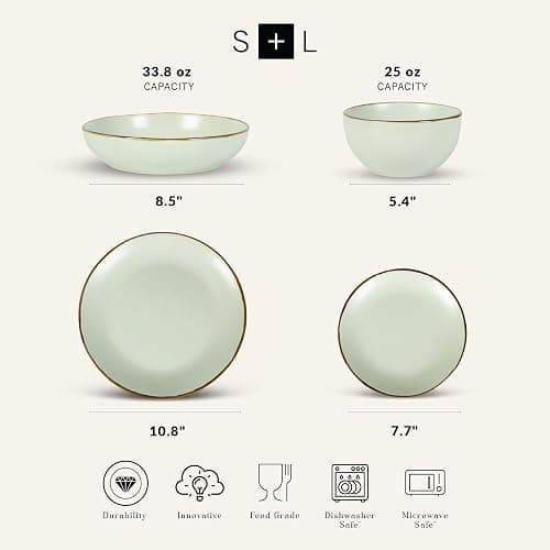 Stone Lain Brasa Stoneware 16 Piece Modern Dinnerware Set, Plates and Bowls, Service for 4, Light Green, Microwave & Dishwasher Safe thumbnail 3