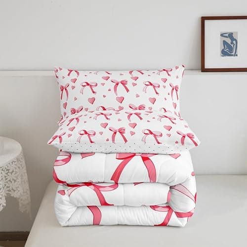 meiyoeat Cute Red Bow Comforter Set Twin Size Kids Bowknot Heart Bedding Set Gift for Girls Women Duvet Insert Breathable Quilt Bedroom Decor,1 Comforter with 1 Pillowcase thumbnail 5