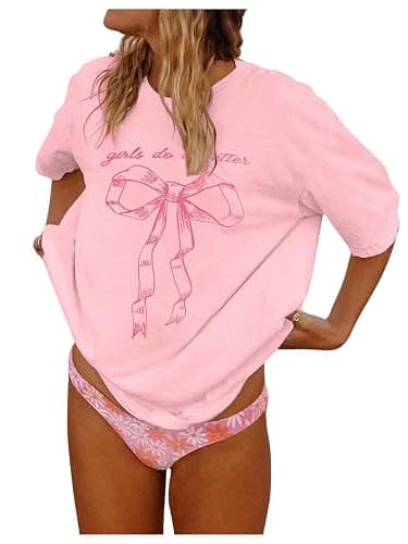 SOLY HUX Women's Graphic Tees Cute Print Short Sleeve Tee Preppy Clothes Casual Vintage Summer Oversized T Shirt Top - Large - Pink Bows - Image 1