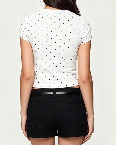 Women Cute Polka Dot Top Y2K Short Sleeve Crew Neck Fitted Baby Tees Shirts | Polka Dot T Shirts Going Out Blouse Top Layered Underscrubs Undershirt Teen Girls Vintage Aesthetic Whimsy Clothes Streetwear thumbnail 2
