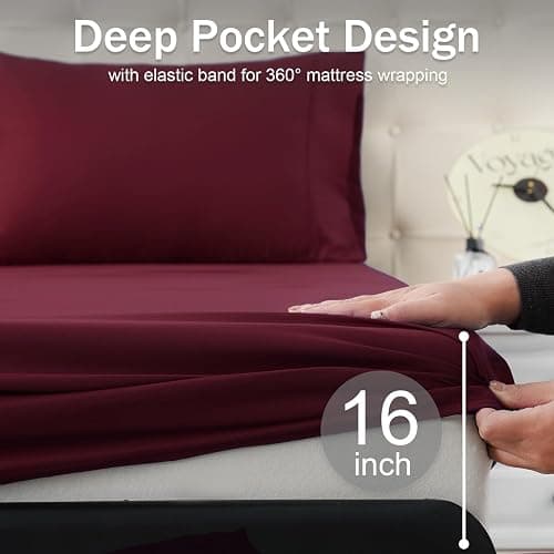 MICORAL Full Bed Sheets Set, Soft Breathable Bedding Sheet Set, Sheets Set with 16" Deep Pocket Design (4 Pieces, Full, Wine Red) thumbnail 5