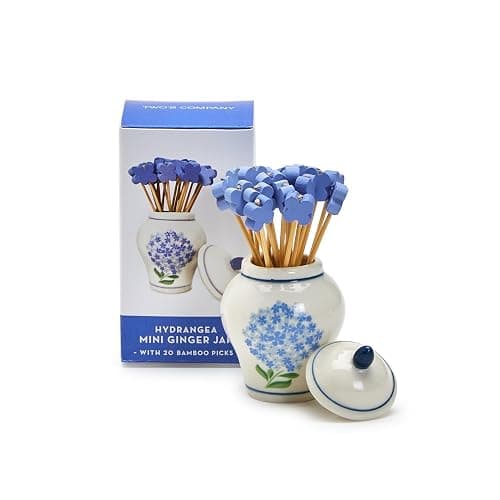 Hydrangea Ginger Jar & Bamboo Cocktail Picks Set - Elegant Ceramic Decor Piece with 20 Eco-Friendly Picks for Entertaining - Image 1