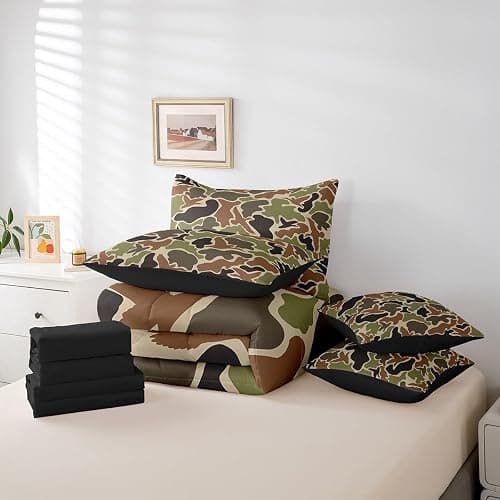 Feelyou Duck Hunter Green Camouflage Hunting 7 Pieces Bedding Set, Queen Size Black Brown All Season,Bed in a Bag with Comforter, Sheets, Pillowcases Camo Army Bed Set Breathable Wild Room Decor thumbnail 6