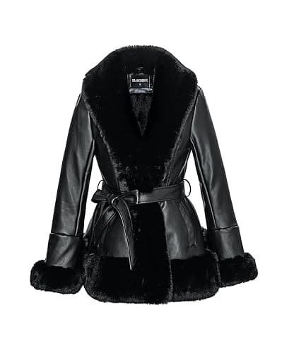 GRAN ORIENTE Women's Faux Leather Jacket with Faux Fur Collar, Winter Long Sleeve Furry Trim Peplum Parka Coat with Belt - Image 1