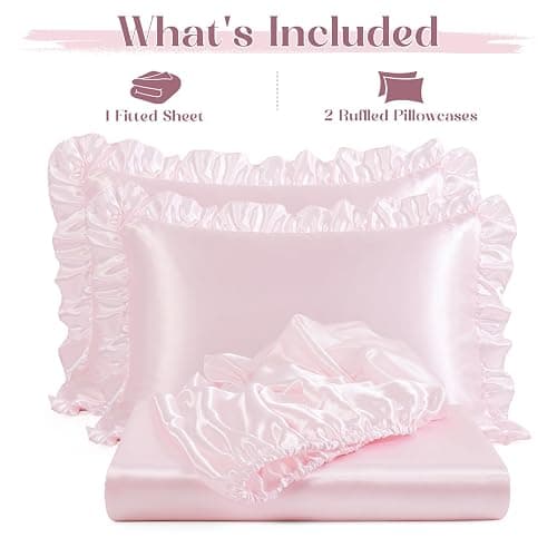 Homiest 2-Pieces Ruffle Pillow Case & Satin Fitted Sheet Set, Blush Pink Twin Satin Sheets with Ruffled Pillow Shams, 15 Inch Deep Pocket, Cute & Coquette Silk-Like Bed Set for Decorating Bedroom thumbnail 8