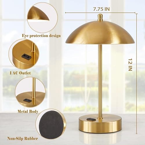 Modern LED Desk Lamp with AC Adapter,12" 3-Way Dimmable Touch Bedside Reading Lamp, Minimalist Gold Small Nightstand Table Lamp with Mushroom Dome Shade for Bedroom Living Room Office, Bulb Included thumbnail 4