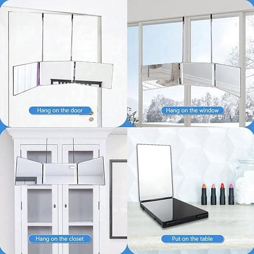 HIEEY 3 Way Mirror for Hair Cutting with LED,360 Trifold with Height Adjustable Telescoping Hooks,and 5X Magnification,for Makeup and Styling (Black) thumbnail 6
