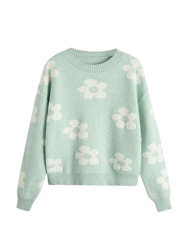 SHENHE Girl's Casual Flower Print Crewneck Long Sleeve Pullover Sweater Jumper Tops Blue 9Y - Image 1