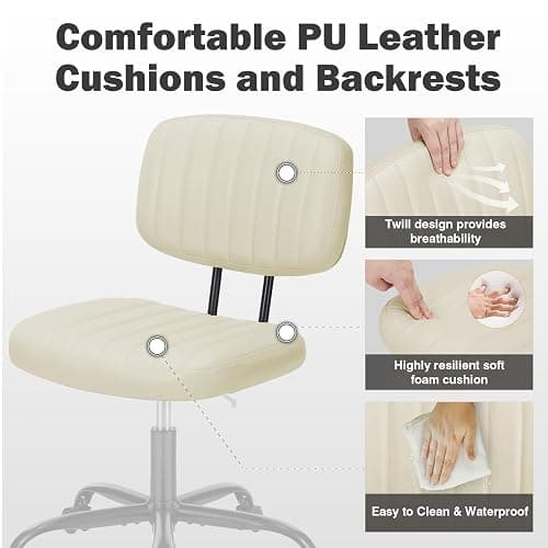 NEWBULIG Armless Small Office Desk Chair with Low Back Lumbar Support, PU Leather Computer Vanity Chair with 360° Swivel Rolling Wheels, Height Adjustable Task Chair for Small Space, Beige thumbnail 4
