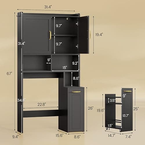 UPOSOJA Over The Toilet Storage Cabinet with Pulley Small Bathroom Storage Cabinet, Space Saver W/Adjustable Shelf & Open Shelf for Bathroom, Restroom, Laundry (Black) thumbnail 2