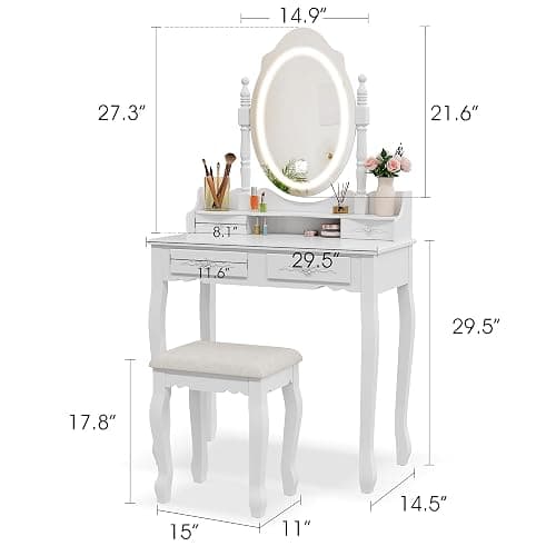 Vanity Desk with Mirror and Lights, Modern Vanity Makeup Table and Cushioned Stool Set with 4 Drawers, 3 Color Lighting Modes with Adjustable Brightness, Dressing Table Set for Bedroom (White Vanity) thumbnail 2