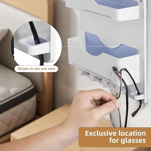 JUMEIHUI Bedside Wall Shelf with Glasses Hooks ，Adhesive Bedside Organizer Wall Mount for Dorm and Room Accessories Phone，Remote，Earphone， Kindle (White) thumbnail 4