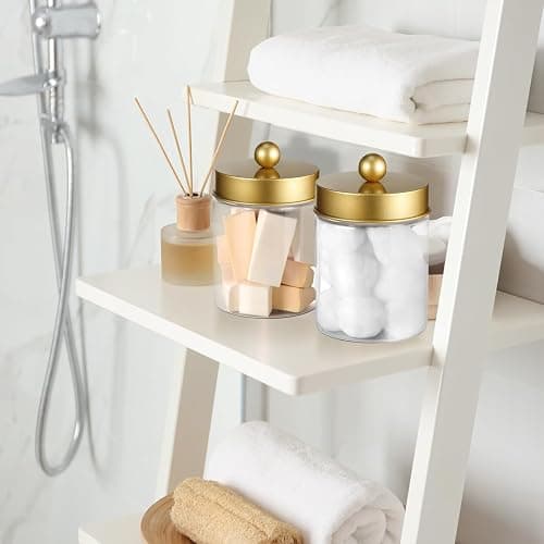 Komashr 3PC Farmhouse Decor Qtip Holder Apothecary Jars Bathroom Vanity Storage Organizer -Countertop Canister Container &Cute Stickers for Cotton Swab,Ball,Pad,Floss,Paper Clips (Gold,Plastic) thumbnail 6
