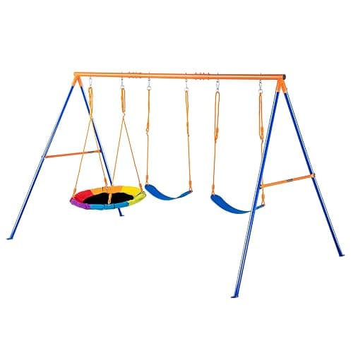 VEVOR Swing Sets for Backyard, with 1 Saucer Swing Seat, 2 Belt Swing Seats, 600lbs Load Capacity Swing Set, Heavy Duty A-Frame Metal Swing Stand and Adjustable Rope, Swingset Outdoor for Kids thumbnail 9