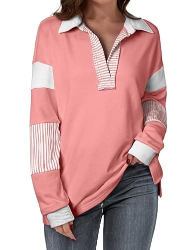 BLENCOT Women Oversized Sweatshirts Color Block Long Sleeve Loose V Neck Fall Outfits 2024 Fashion Slit Pullover - Image 1