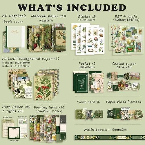 Draupnir 350 Pezzi Aesthetic Scrapbook Accessory Set, Bullet Junk Journal Set con Accessori per Scrapbook Journaling, Quaderno a Griglia A6, Regalo fai da te per Ragazzi e Bambini - Foresta thumbnail 2