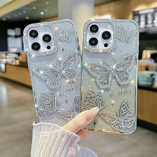 QKD for iPhone 14, Cute 3D Butterfly Glitter Case 6.1" – Plated Slim Protective Cover with Camera Protection, Drop-Resistant Bumper for Women & Girls (Silver) thumbnail 5