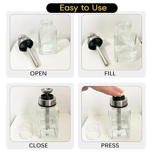 ffresiss Acetone Pump Dispenser with Transparent Lid, Alcohol Dispenser Push Down Metal Pump Glass Bottle, Nail Polish Remover Liquid Pump Hand Pumping Rubbing Press Container 6oz Small Pump Bottle thumbnail 7