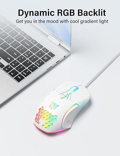 ONITOON Wired USB Mouse, Computer Mouse with RGB Lighting, 4 Adjustable DPI, Ergonomic Optical Office Mouse, 7 Buttons Corded Mice for Window/PC/Laptop/Desktop/Mac/Chromebook, White thumbnail 2