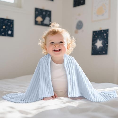 Eonkasp Soft Fleece Baby Blanket Ultra Cozy Blue Baby Blankets for Boys Warm and Lightweight Infant Toddler Newborn Receiving Gift with Reversible Stripes for Crib Stroller, 30x40 Inch, Light Blue thumbnail 8