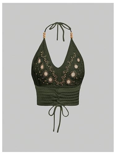 SHENHE Women's Open Back Knitted Halter Crop Top Tie Backless Embroidered Hippie Top thumbnail 2