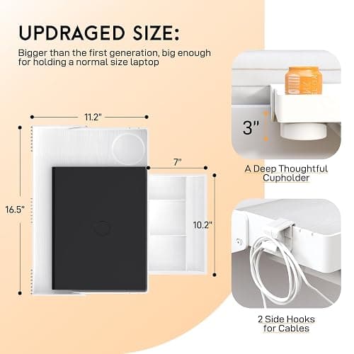 SPACELEAD Bedside Shelf for Bed – College Dorm Room Clip On Nightstand with Cup Holder & Cord Holder&Drawer – Bunk Bed Shelf for Organizer Top for Bedroom (White，Plastic) - White - Plus with drawer thumbnail 2