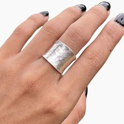 Hammered Sterling Silver Handmade Wide Band Ring, Classic Shiny Finish Wrap Band, Adjustable to Sizes 6-12, Can fit Also as Thumb ring, Gift for Her - Image 1