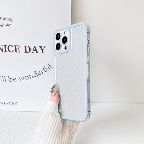 NITITOP Compatible with iPhone 13 Pro Case Cute Clear Durable Ribbon Bowknot Pattern for Girls Women Soft TPU Transparent Full Camera Lens Shockproof Protective Phone Cover - Blue thumbnail 5
