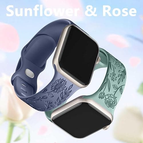 6 Pack Floral Engraved Bands Compatible with Apple Watch Strap 40mm 44mm 45mm 38mm 41mm 49mm 42mm Women, Soft Silicone Cute Flower Pattern Sport Band for iWatch Bands Ultra SE Series 9 8 7 6 5 4 3 2 1 thumbnail 4