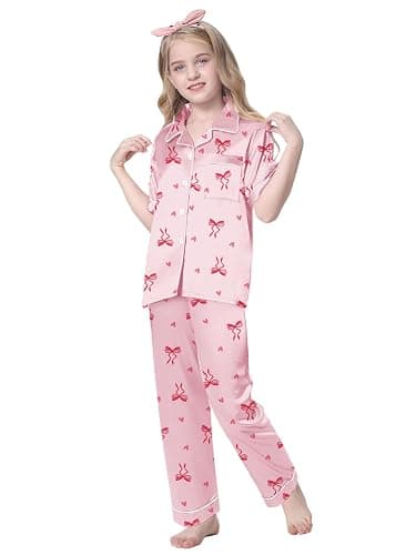 1. Schbbbta Girls 3 Pieces Pajamas Sets Silk Satin Sleepwear Button Down Short Sleeve Pjs Outfits thumbnail 4