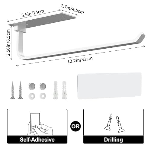 White Kitchen Roll Holder Under Cabinet, Self-Adhesive Paper Towel Holder, Wall Mounted Paper Towel Rack, Suitable for Pantry, Kitchen, Bathroom thumbnail 2