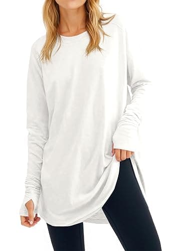 Fisoew Women's Casual Long Sleeve Tops Crew Neck Round Hem Loose T-Shirts Tunic Tops with Thumb Holes - Image 1