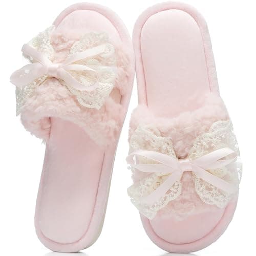 GOEWY Women's Open Toe Memory Foam Slippers -Cute Fuzzy Shoes with Lace Bow | Soft Plush House Slides for Indoor and Outdoor Comfort, Summer Cozy Non-Slip Gifts for Women Mom Ladies - Image 1