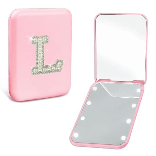 Aganmi Personalized Birthday Graduation Gifts for Teen Girls Her Pearl Initial Pink Travel Compact Mirror with Lights Portable 1X/2X Magnification 2-Sided Mini LED Pocket Makeup Mirror for Purse (L) - Image 1