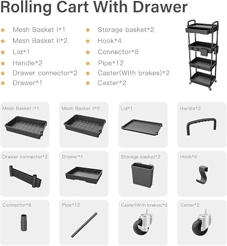 Sorgion 4 Tier Rolling Cart Organizer,Art Craft Diaper Bedside Snack Laundry Room Bathroom Organizer Narrow Thin Slim Rolling Trolley Utility Cart with Wheels for Kitchen,Office(Black) thumbnail 7