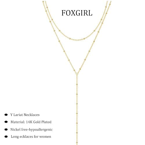 Foxgirl Lariat Gold Necklace for Women, Dainty Long Necklace 14k Gold Plated/Silver Y-Shaped Pendant Necklace Trendy Layered Cz Beaded Chain Drop Necklaces Simple Gold Jewelry For Women Gift thumbnail 6
