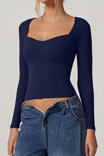 QINSEN Womens Slimming Fit Sweetheart Neck Long Sleeve Basic Crop Tops Stretch Going Out Tee Shirt thumbnail 2
