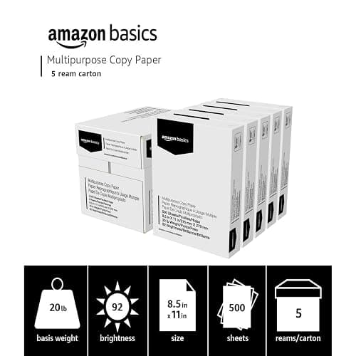 Amazon Basics Multipurpose Copy Printer Paper, 20 lb, 8.5 x 11 Inches, 5 Reams (2,500 Sheets), 92 Bright White thumbnail 4