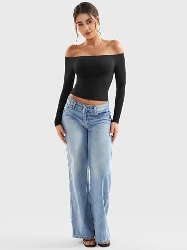 YEOREO Ease Women Off Shoulder Long Sleeve Shirts Double Lined Basic Top | Under Shirt Y2K Going Out Tops thumbnail 5