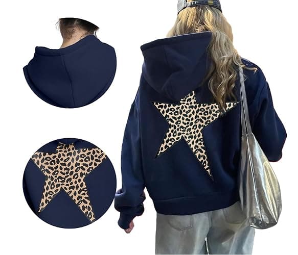 peassa Hoodies for Womens Y2k Oversized Star Print Sweatshirts Aesthetic Cheetah Graphic Hooded Hoodie thumbnail 5