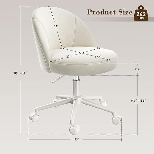 EnHomee Vanity Chair with Wheels, Small Office Chair with Back, Cute Armless Desk Chair for Makeup Room, Home Office,Bedroom, White thumbnail 2