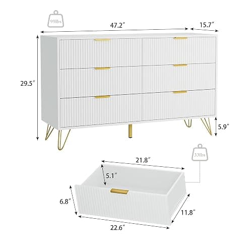 BAZELOR White 6 Drawer Dresser with Golden Handle, Fluted Wood Dressers, Modern Chest for Bedroom, Living Room, Hallway, Entryway thumbnail 2
